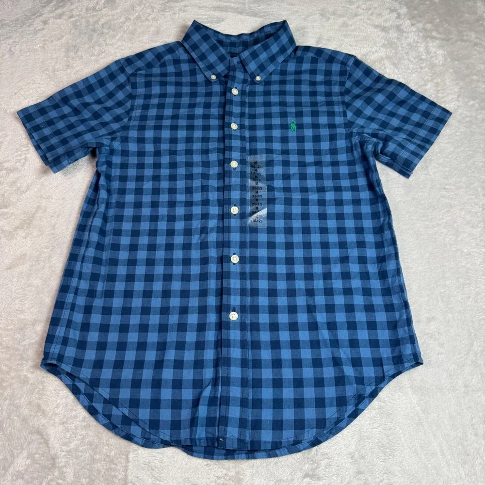 NWT Ralph Lauren Kids Boys M 10-12 Blue Gingham Short Sleeve Button Down Shirt